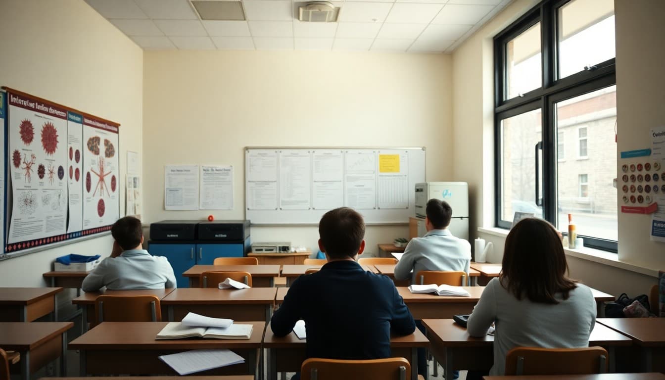 A biology classroom with immune system defense diagrams and health science charts displayed on walls