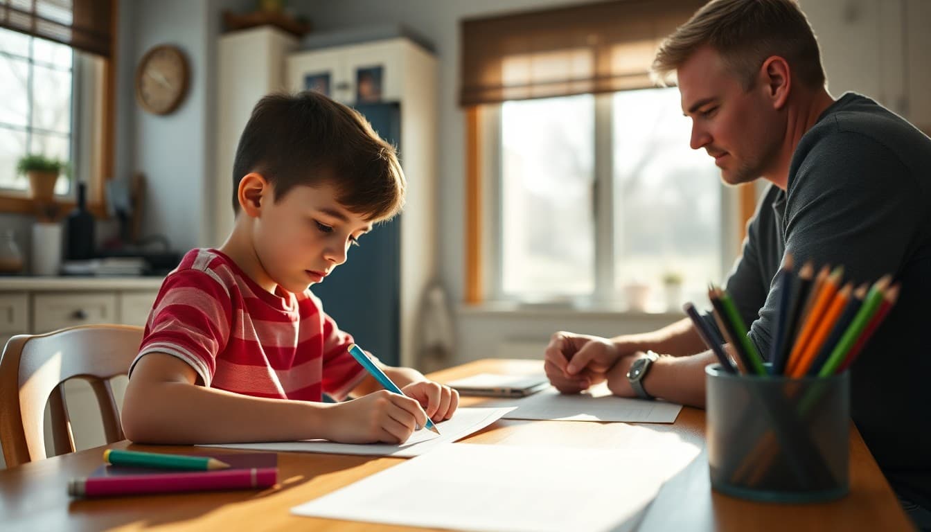 Student working through math homework at kitchen table with parent sitting nearby offering support