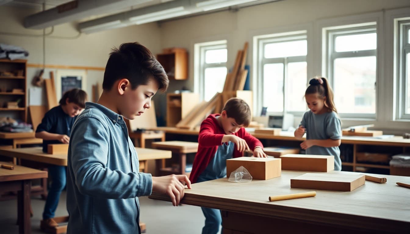Students working on woodworking projects at workbenches with a teacher supervising safety in a shop classroom