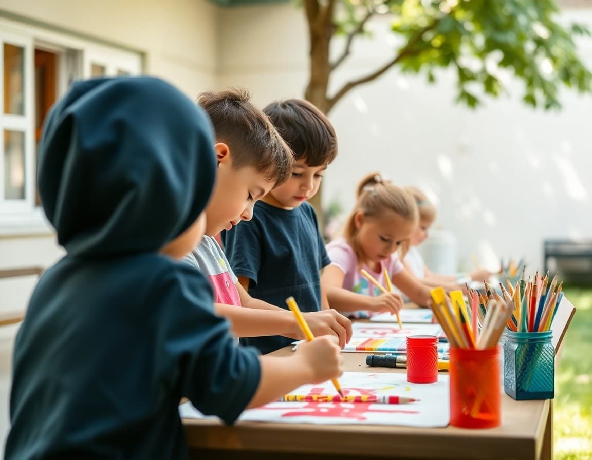 Children creating art projects together outdoors during summer break