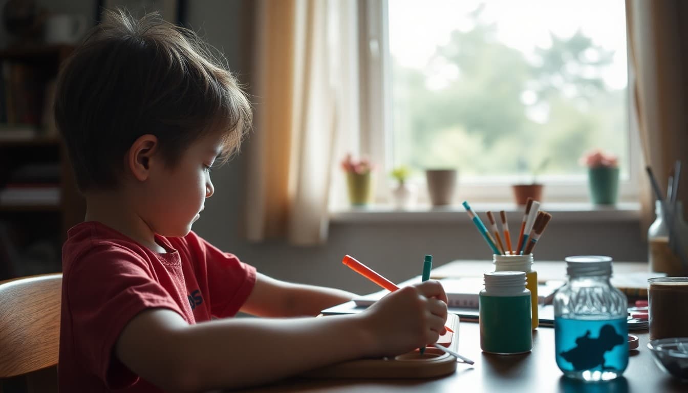 Student doing creative arts project at home during summer with paints and supplies