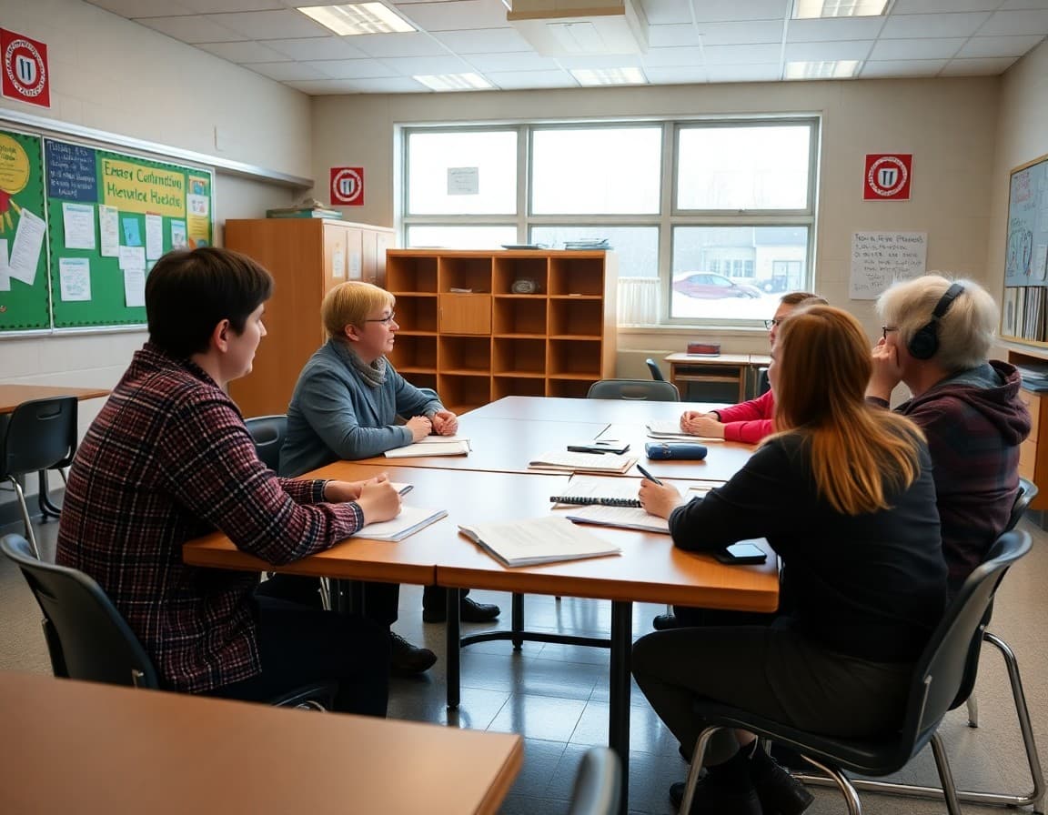 District staff meeting in an Alaska school to review community communication plans