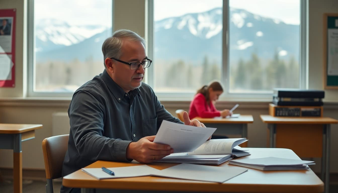 Alaska superintendent at a school desk reviewing district communication materials with a mountain view