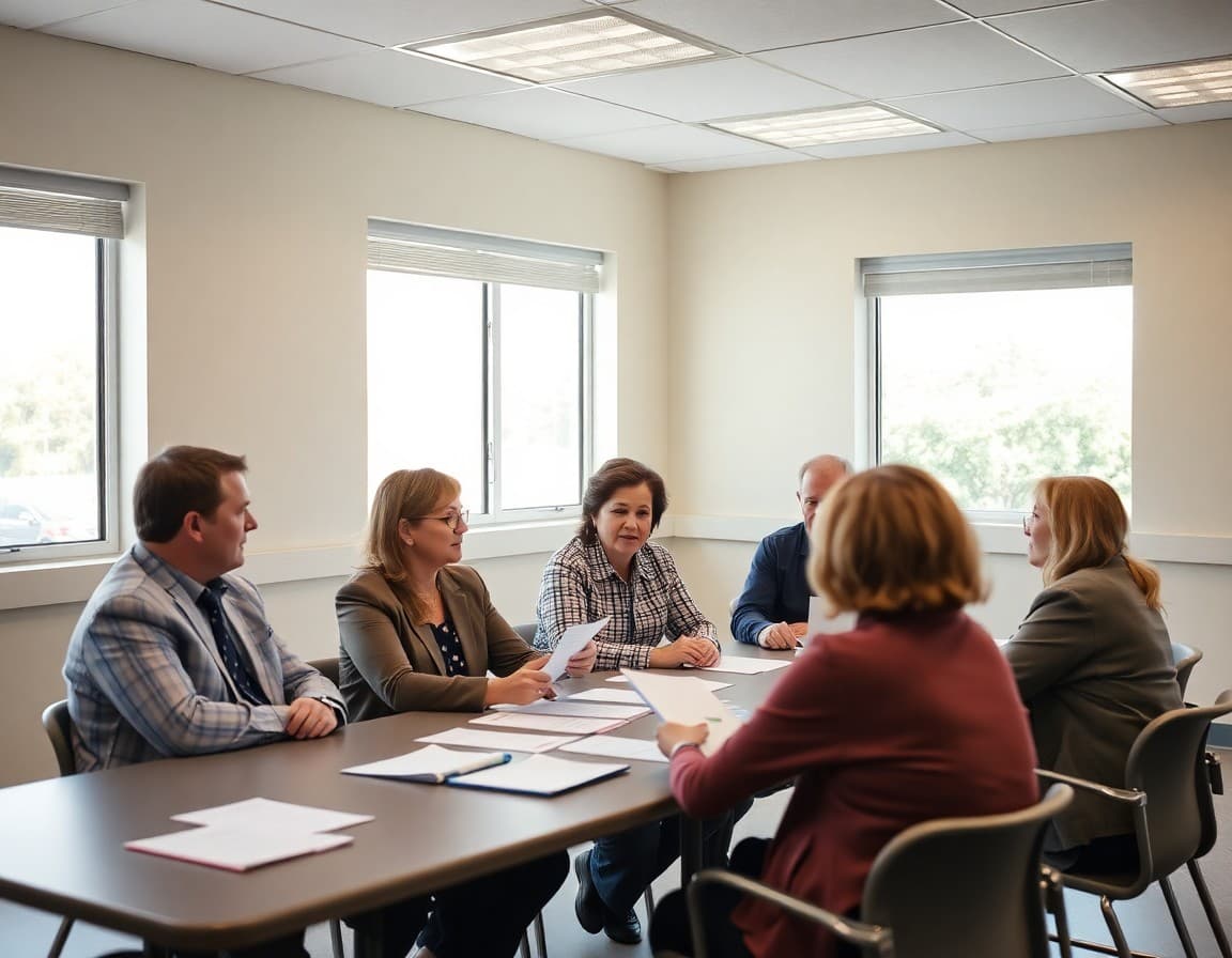 District leaders and school staff reviewing communication plans at a meeting in Alabama