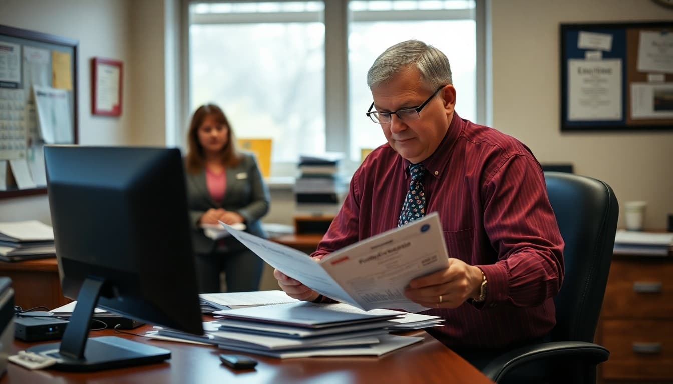 Alabama superintendent reviewing district communication materials at a school office desk