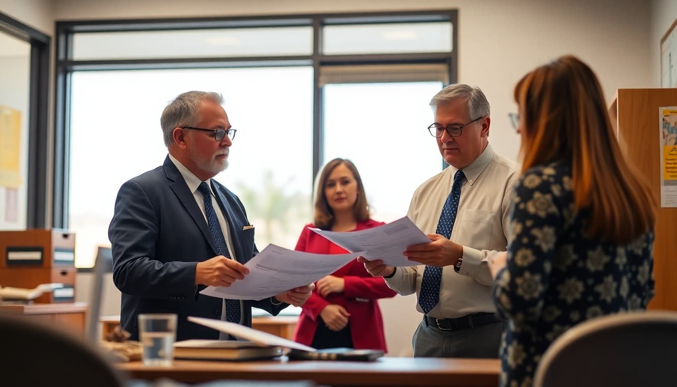 Arizona superintendent reviewing district communication plans at a school office in the Southwest