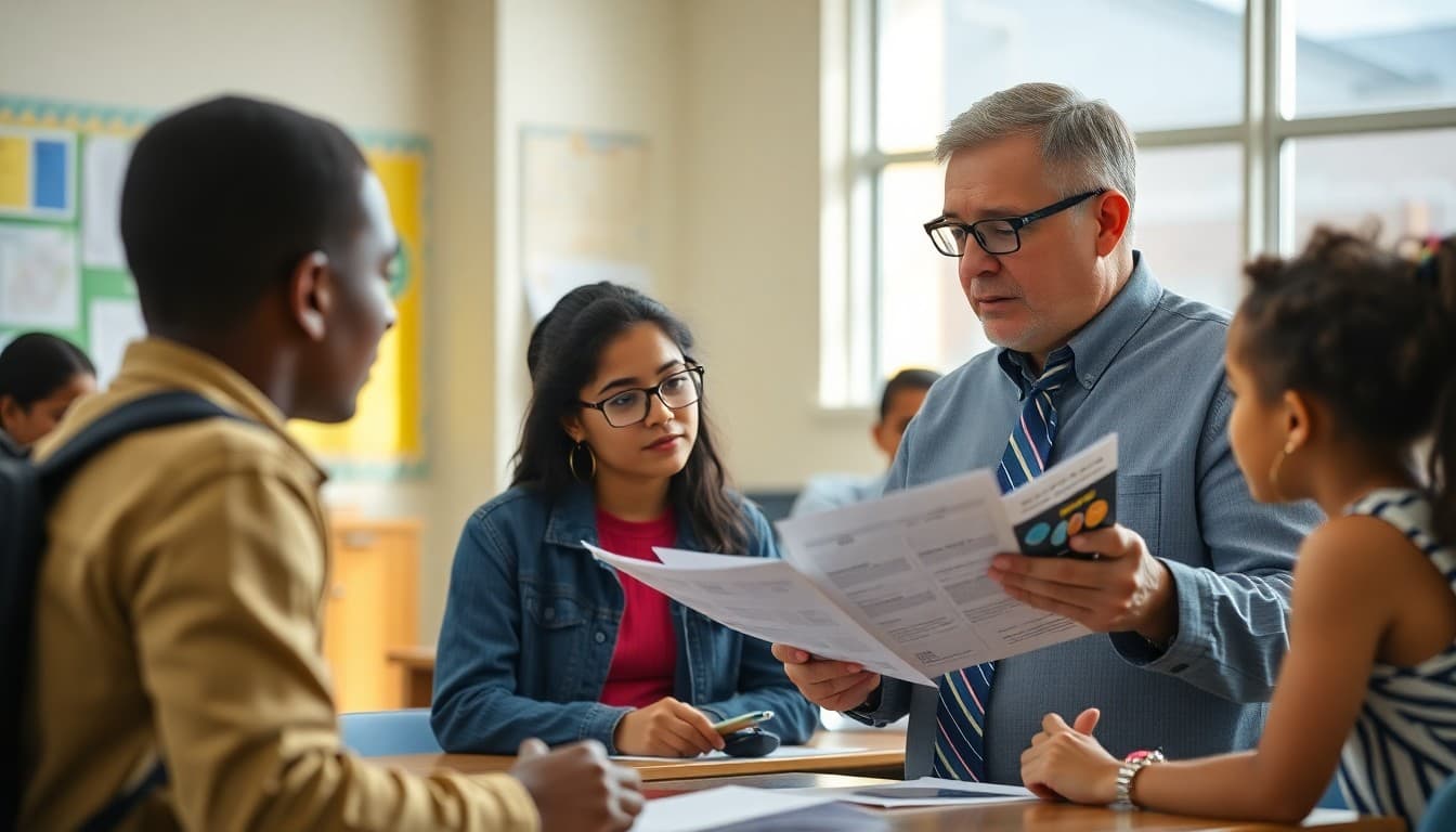 California superintendent reviewing district communication materials in a diverse urban school setting