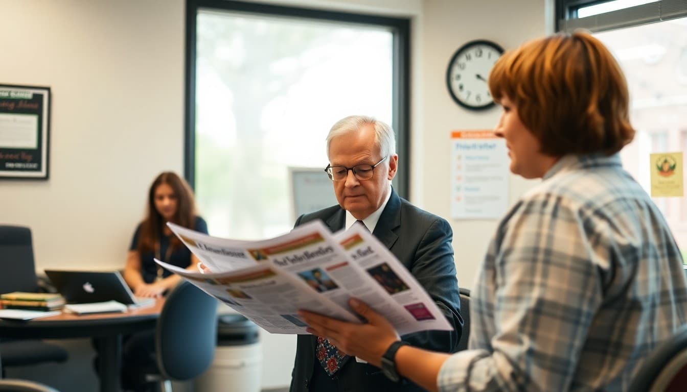 Delaware superintendent reviewing district newsletter materials at a school administrative office
