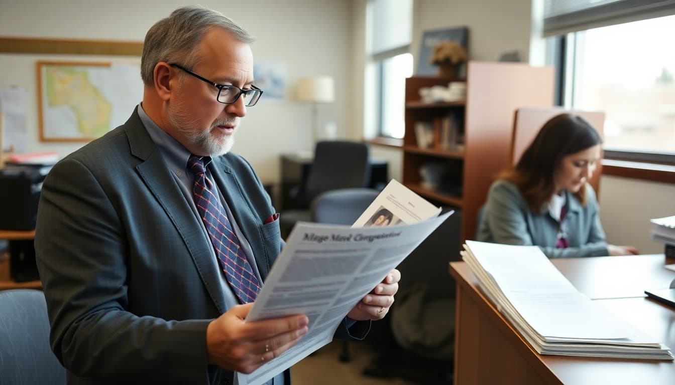 Georgia superintendent reviewing district communication materials at a school administrative office