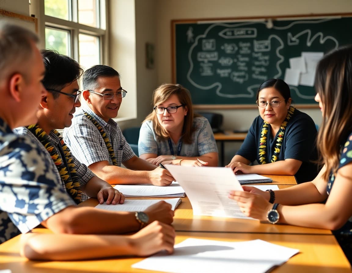 Hawaii Department of Education staff collaborating on community newsletter content at a meeting