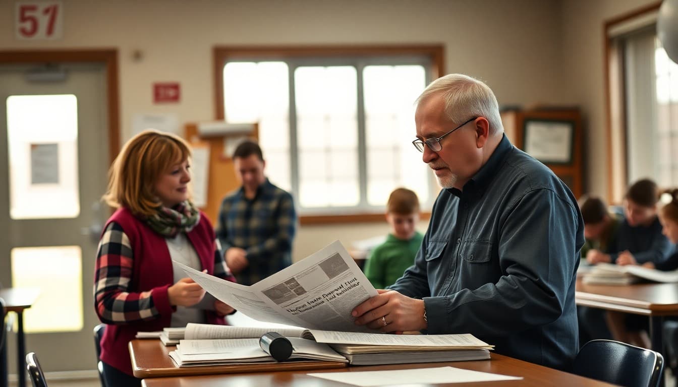 Iowa superintendent reviewing community newsletter materials at a school in an agricultural community