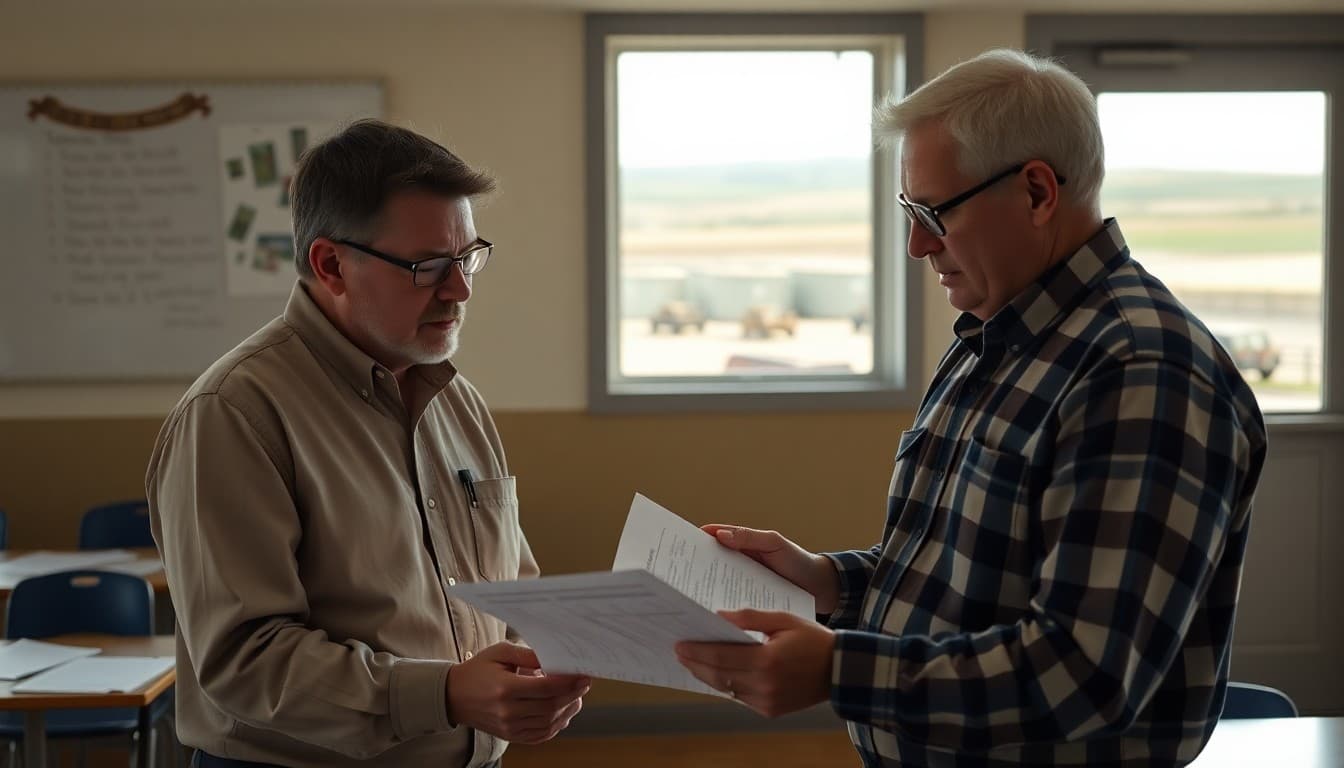 Idaho superintendent reviewing district communication materials at a school surrounded by agricultural landscape
