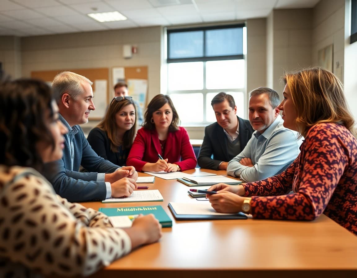 Indiana district leadership team planning community communication strategy at a school meeting
