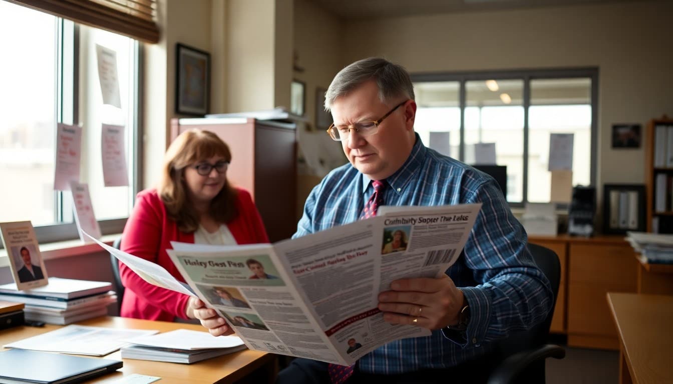 Indiana superintendent reviewing community newsletter materials at a school administrative office