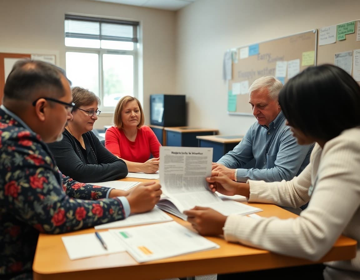 Kentucky district leaders collaborating on superintendent newsletter content at a community meeting