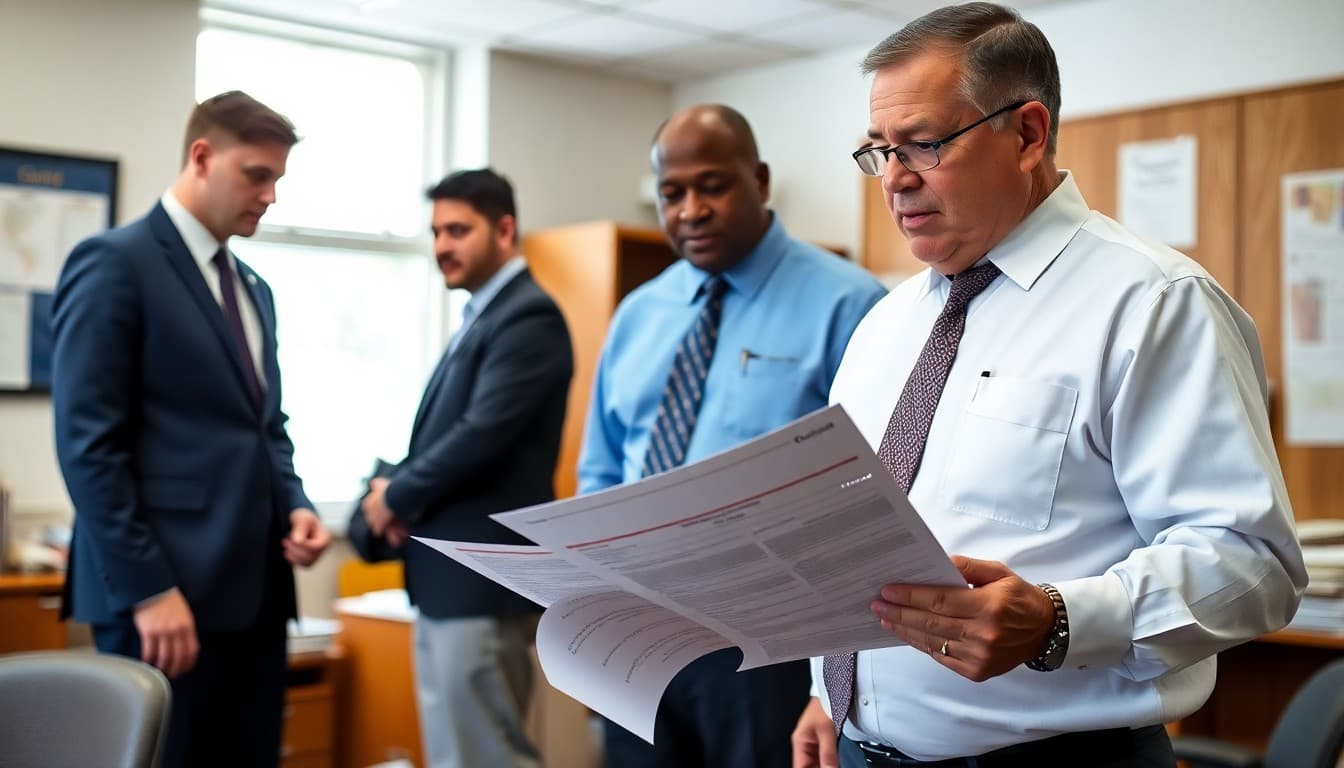 Louisiana superintendent reviewing district communication materials at a school administrative office