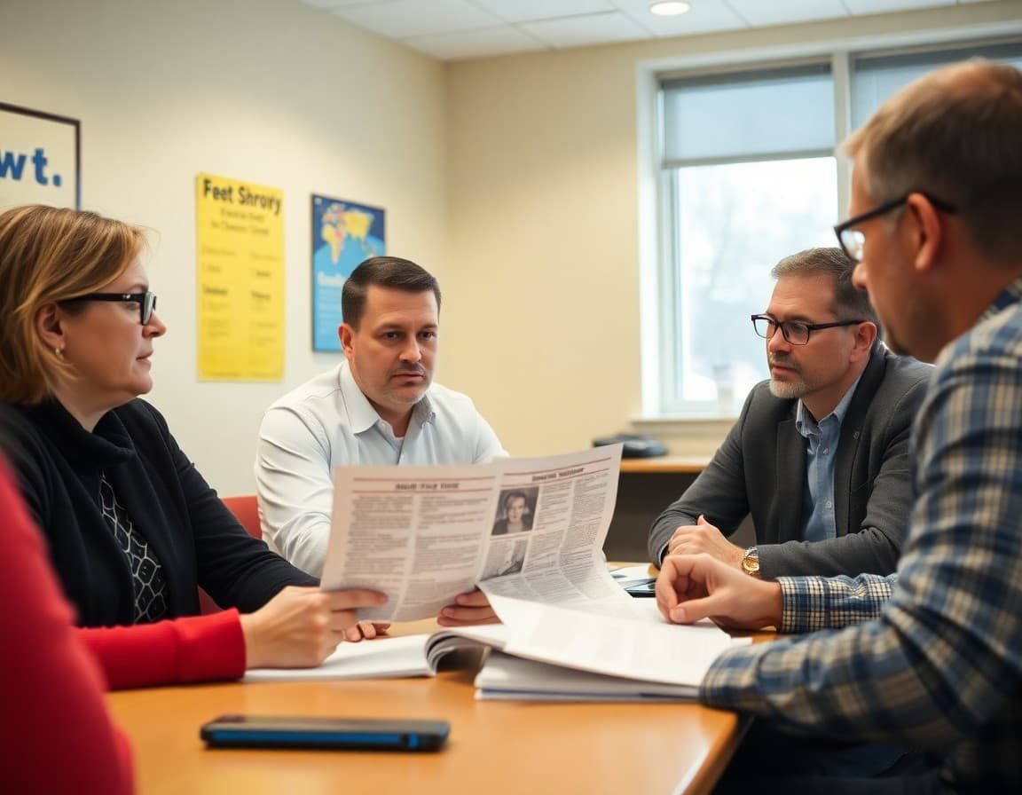 Massachusetts district leadership team reviewing superintendent newsletter content at a community meeting