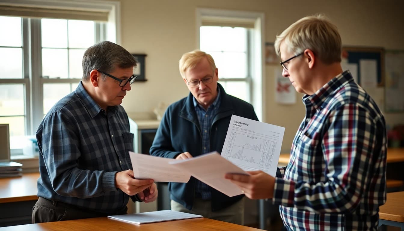 Maine superintendent reviewing district communication materials at a school in a coastal New England community