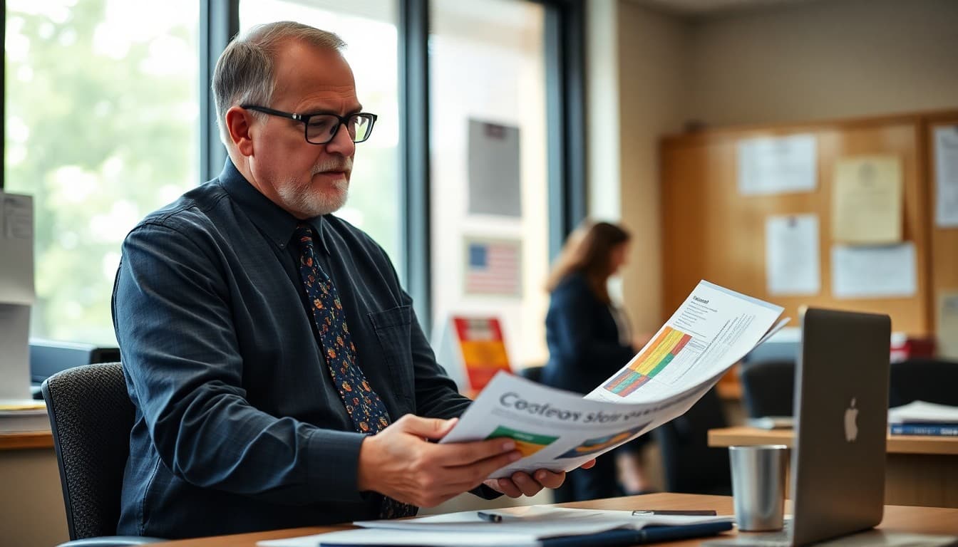 Missouri superintendent reviewing district communication materials at a school administrative office