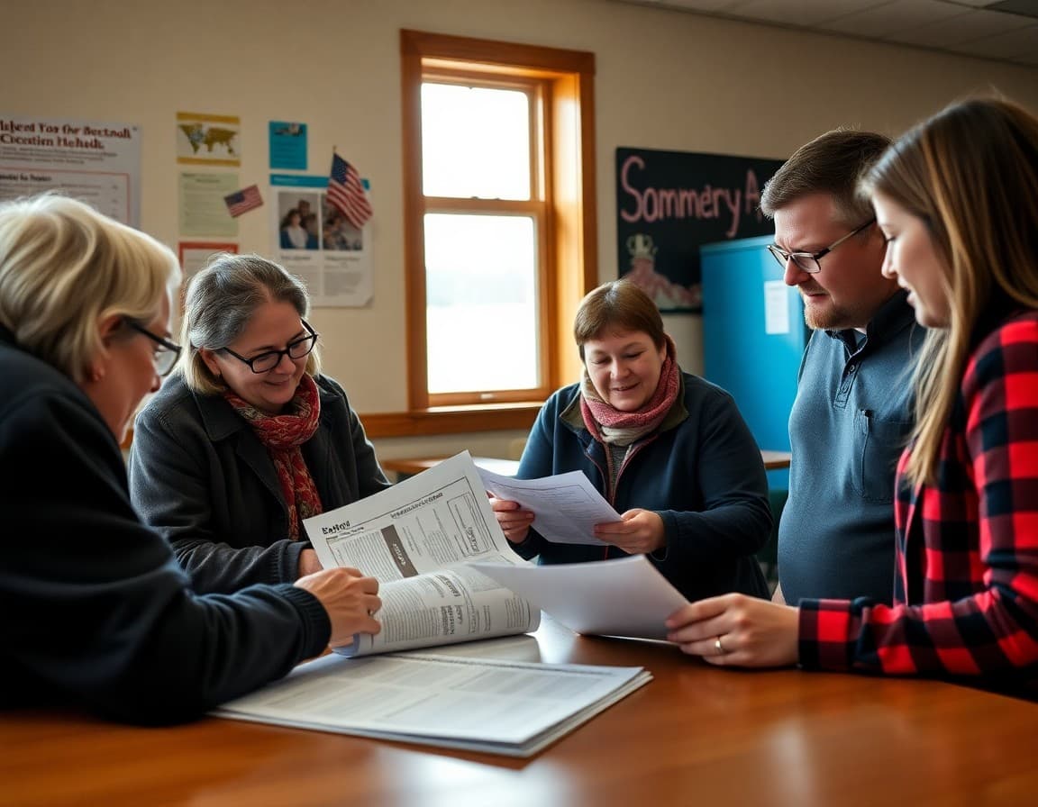 Montana district leaders reviewing community newsletter plans at a school in a rural setting