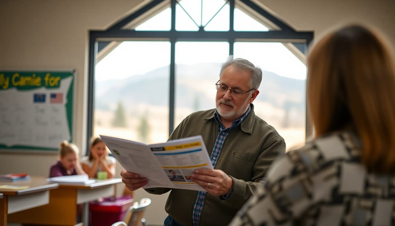 Montana superintendent reviewing district communication materials at a school with mountain backdrop