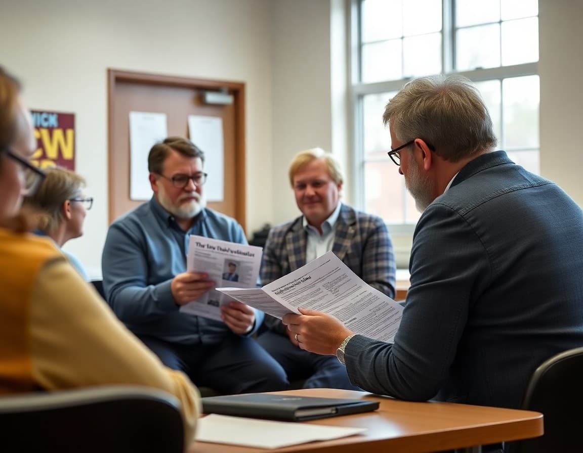 New Hampshire district leadership reviewing superintendent newsletter content at a community engagement meeting