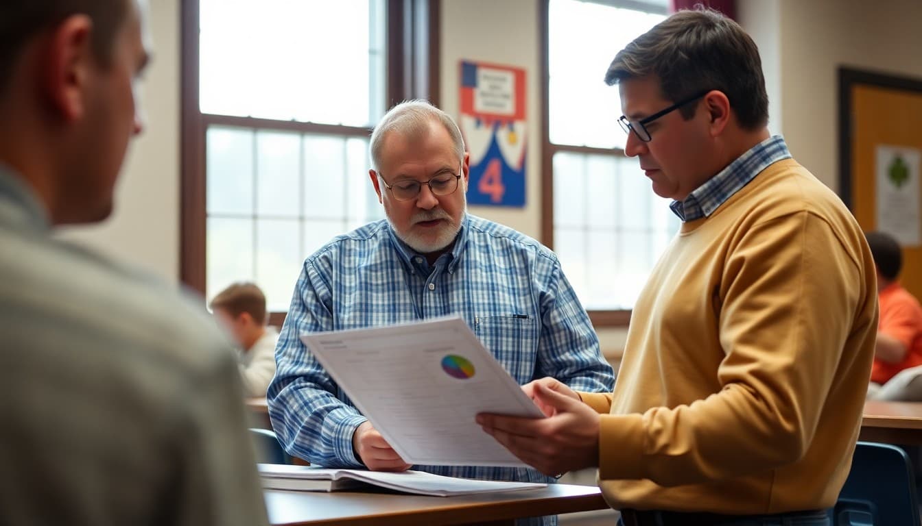 New Hampshire superintendent reviewing district communication materials at a school in a New England community