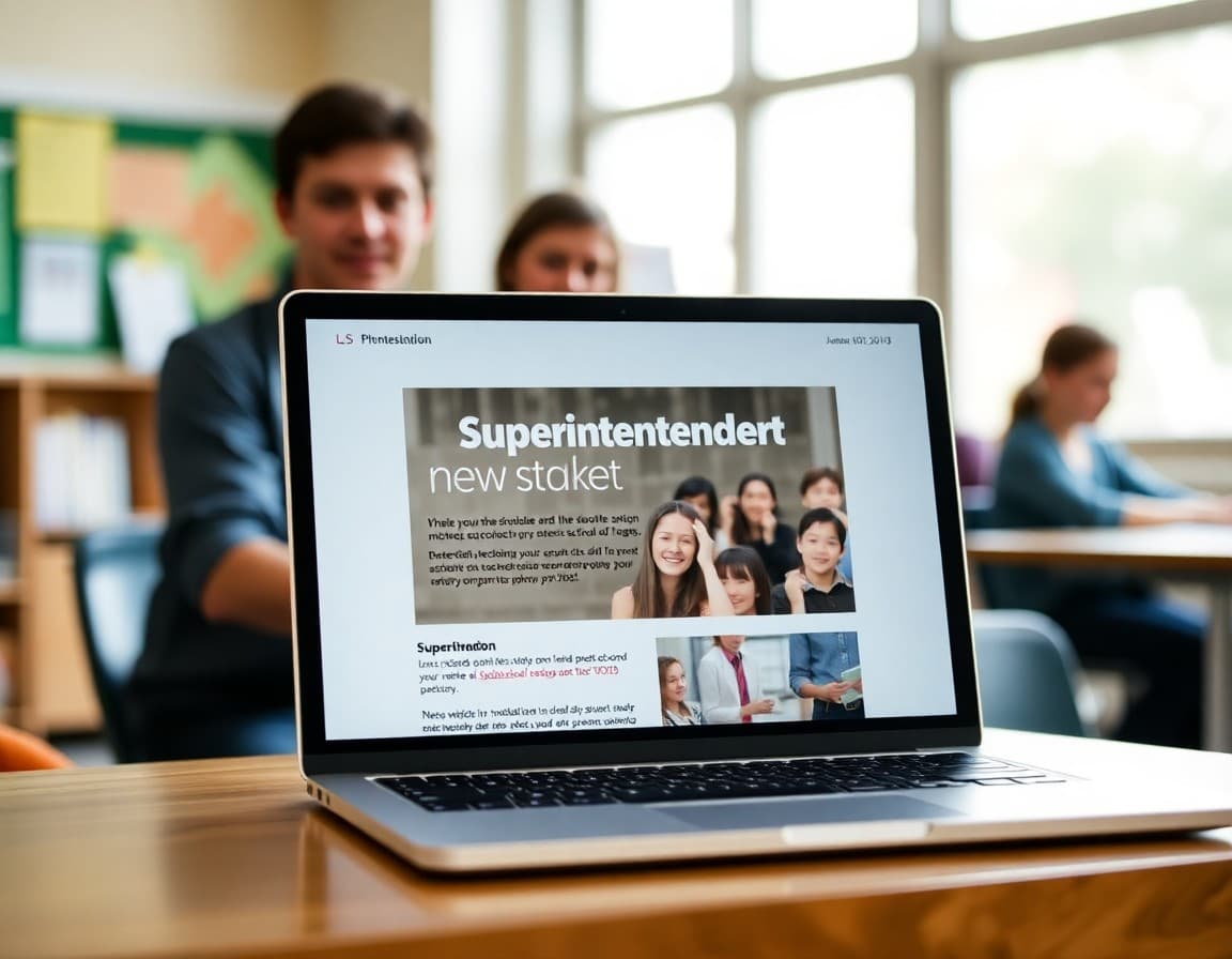 Sample superintendent newsletter template shown on a laptop screen