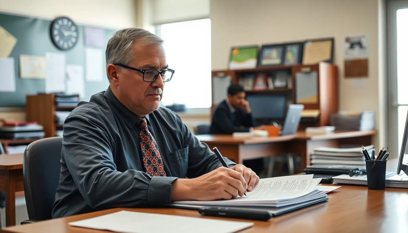 New Jersey superintendent writing a district-wide newsletter at a desk