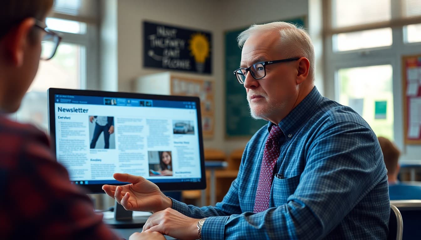 New York school district superintendent reviewing newsletter content on a screen