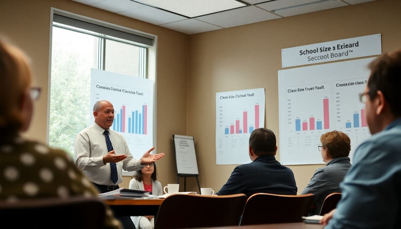 Superintendent explaining class size data to parents at a school board meeting with charts displayed