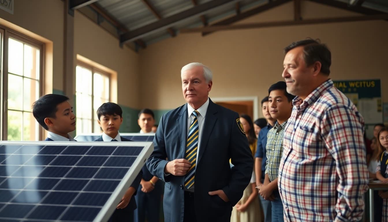 Superintendent at school solar panel installation ceremony with students and community members