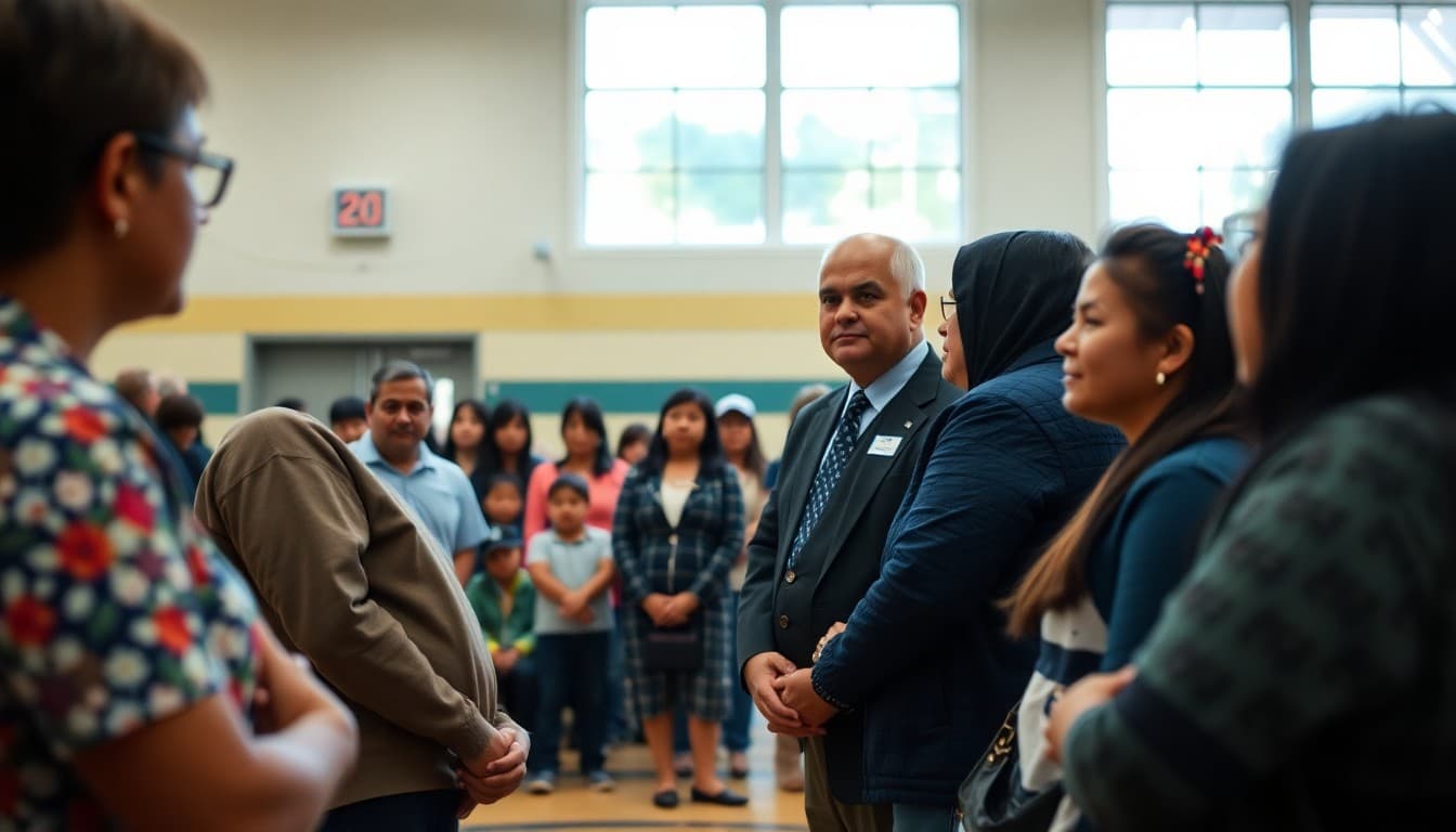 Superintendent at ELL program parent night with bilingual staff and families gathered in school gym