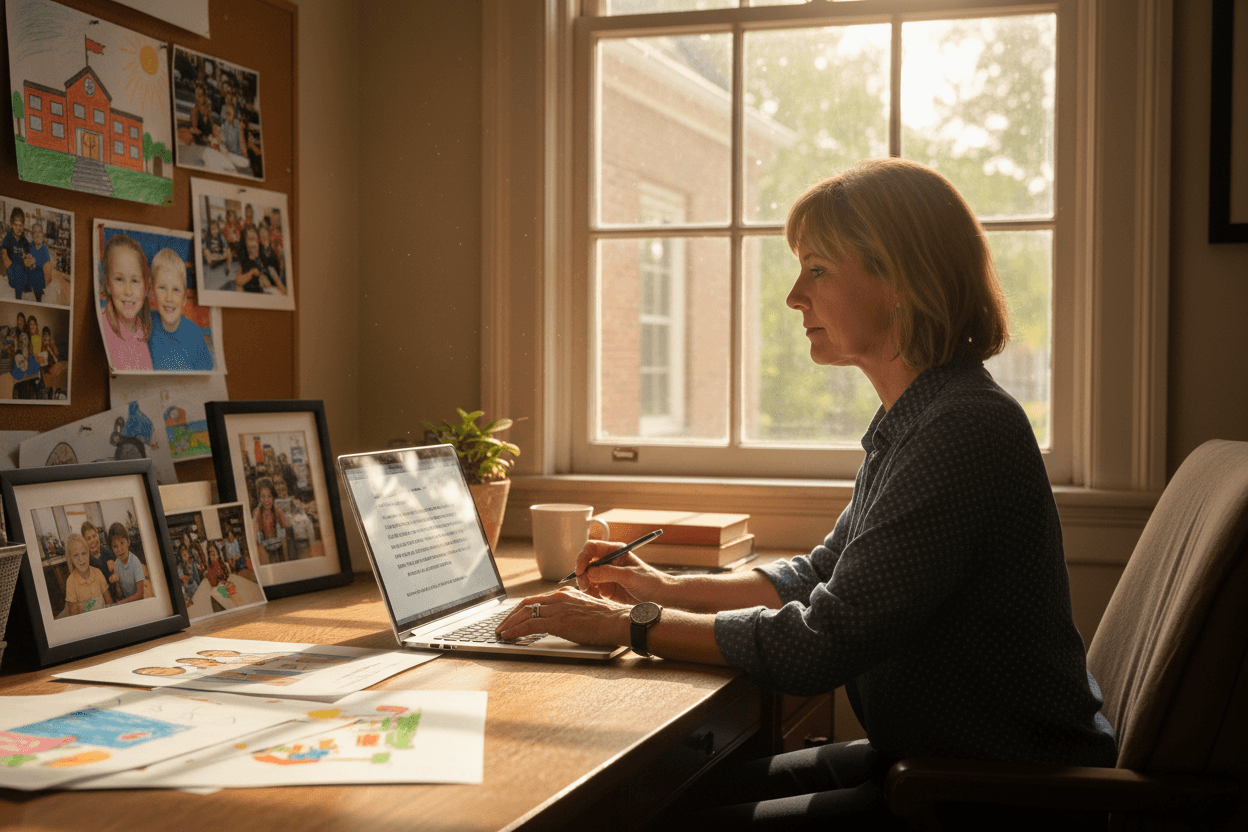 Parent reading a superintendent end of year letter on a tablet at a kitchen table during the last week of school