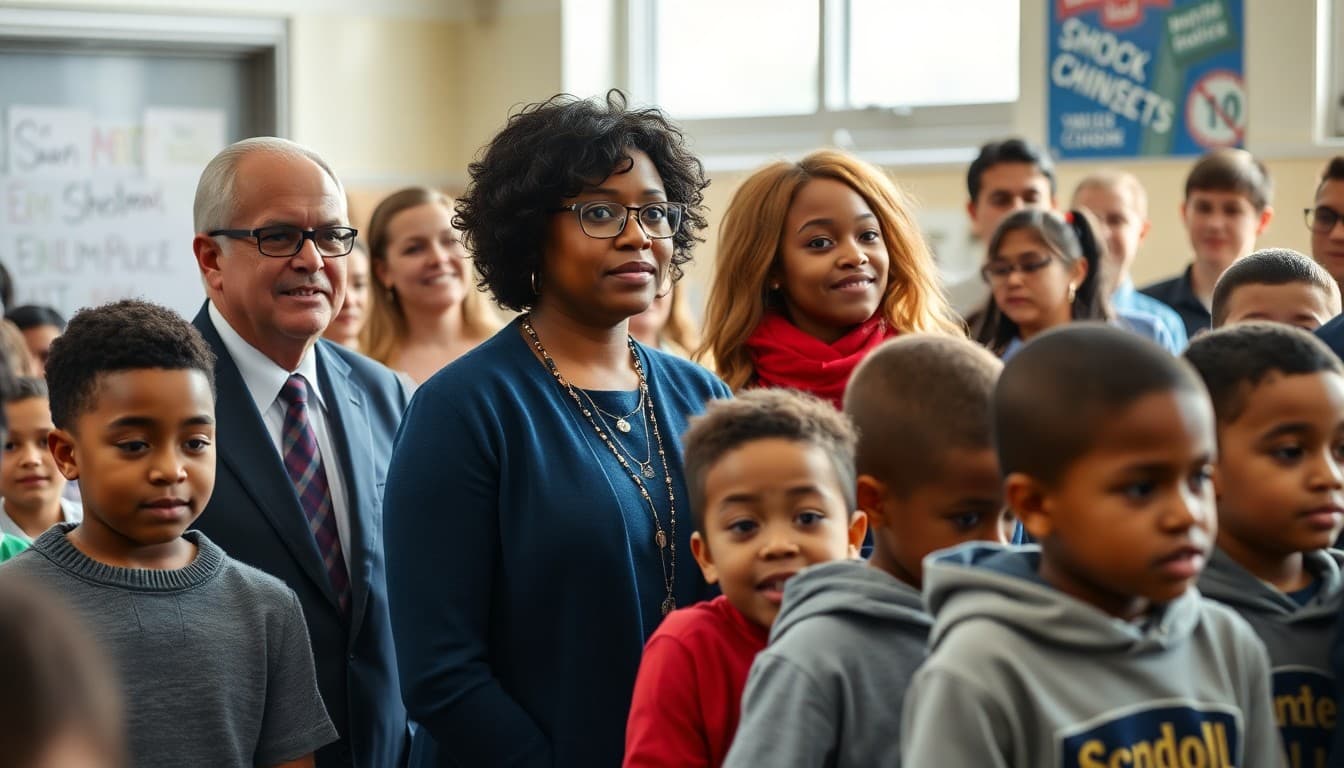 Superintendent and teachers gathered with students for a district-wide rally promoting academic success
