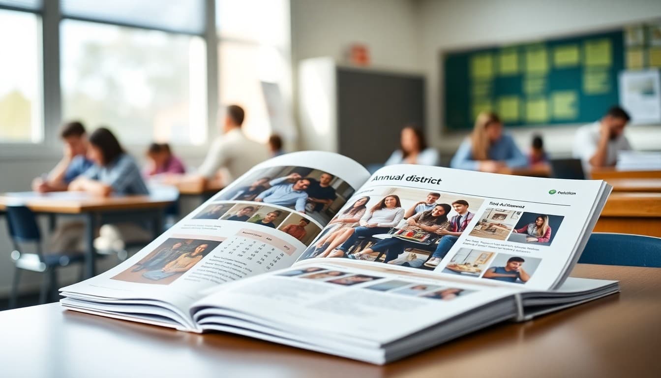School district annual report booklet open on a desk showing student achievement data and photos