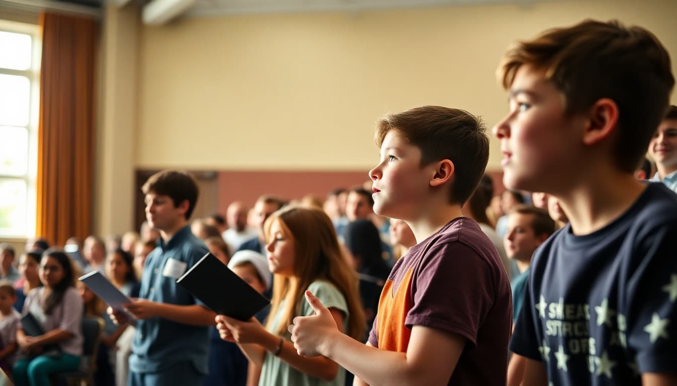 Middle school students performing on stage in a district spring concert with full audience