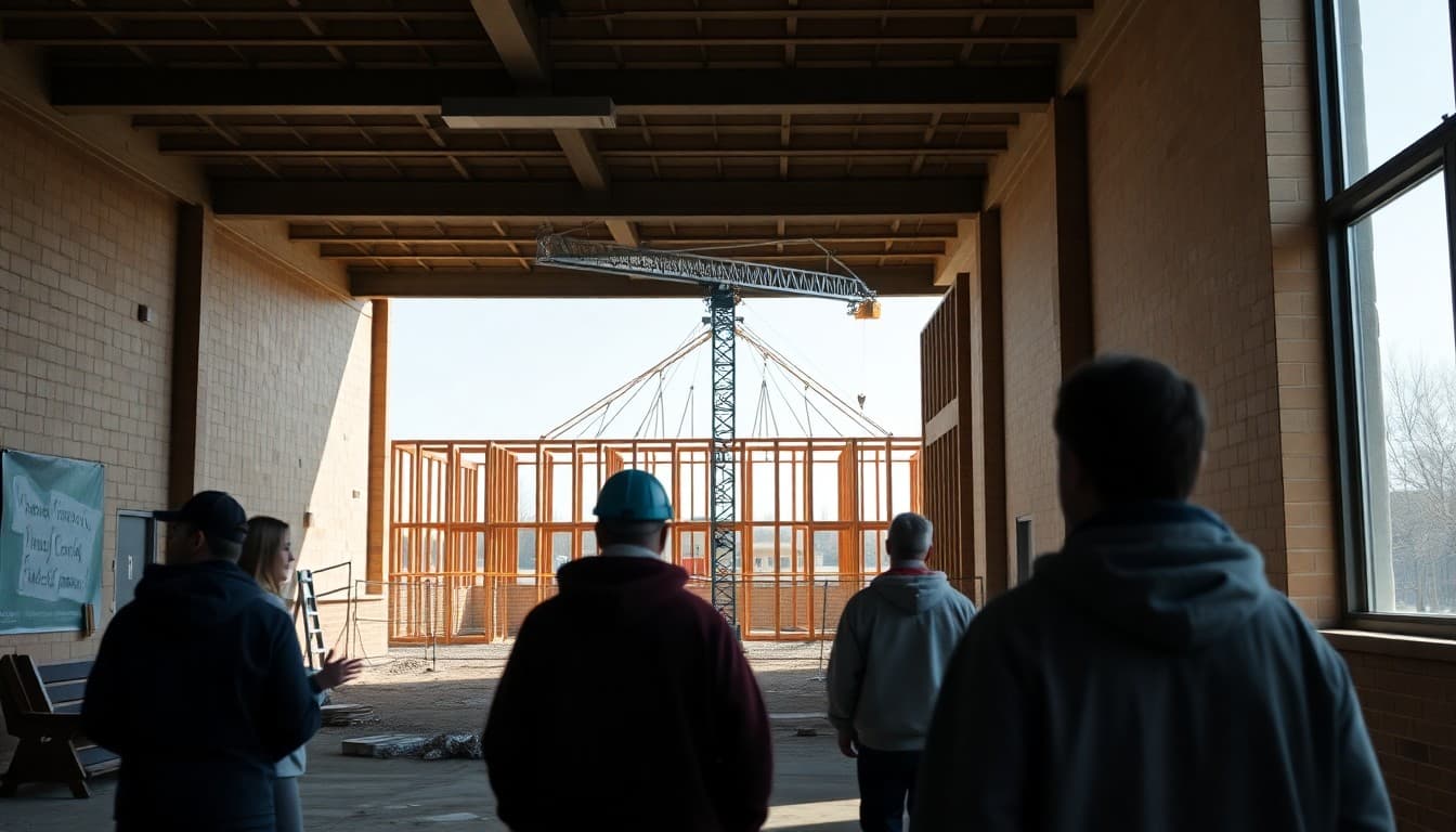 School construction site with a crane and new building frame reflecting a bond-funded project
