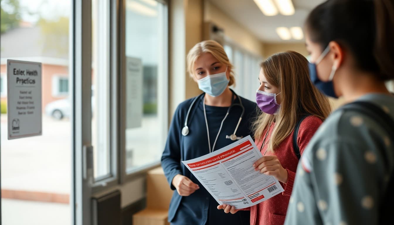 School nurse reviewing health protocols and COVID guidance materials at an elementary school entrance