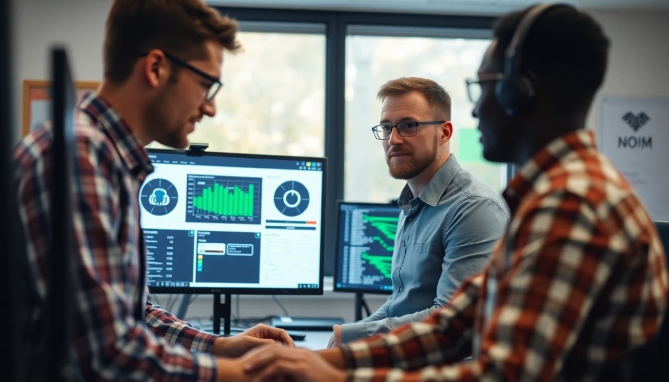 IT professional reviewing network security dashboards in a district technology office