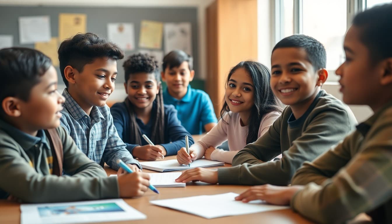 Diverse group of students working together in a classroom that reflects inclusive learning practices