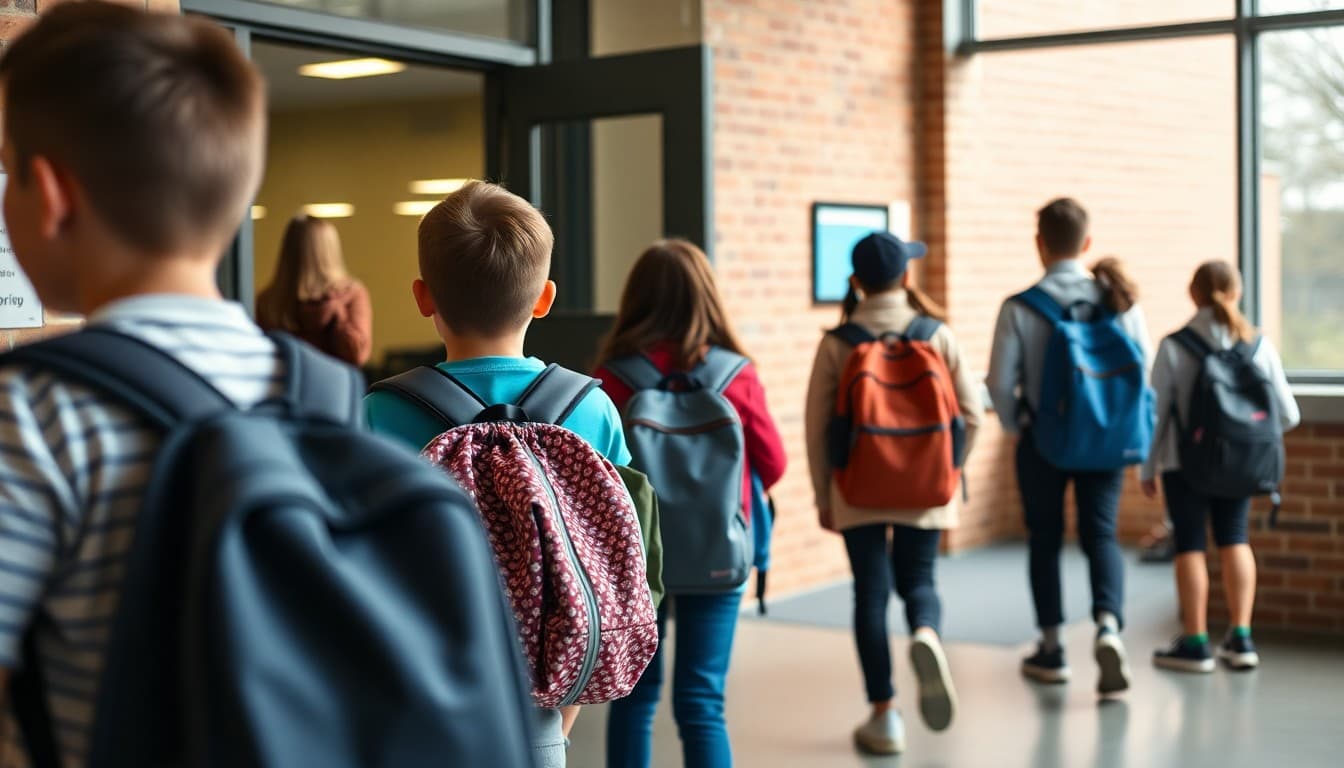 Students arriving at school on the first day with backpacks, greeted by staff at the front entrance
