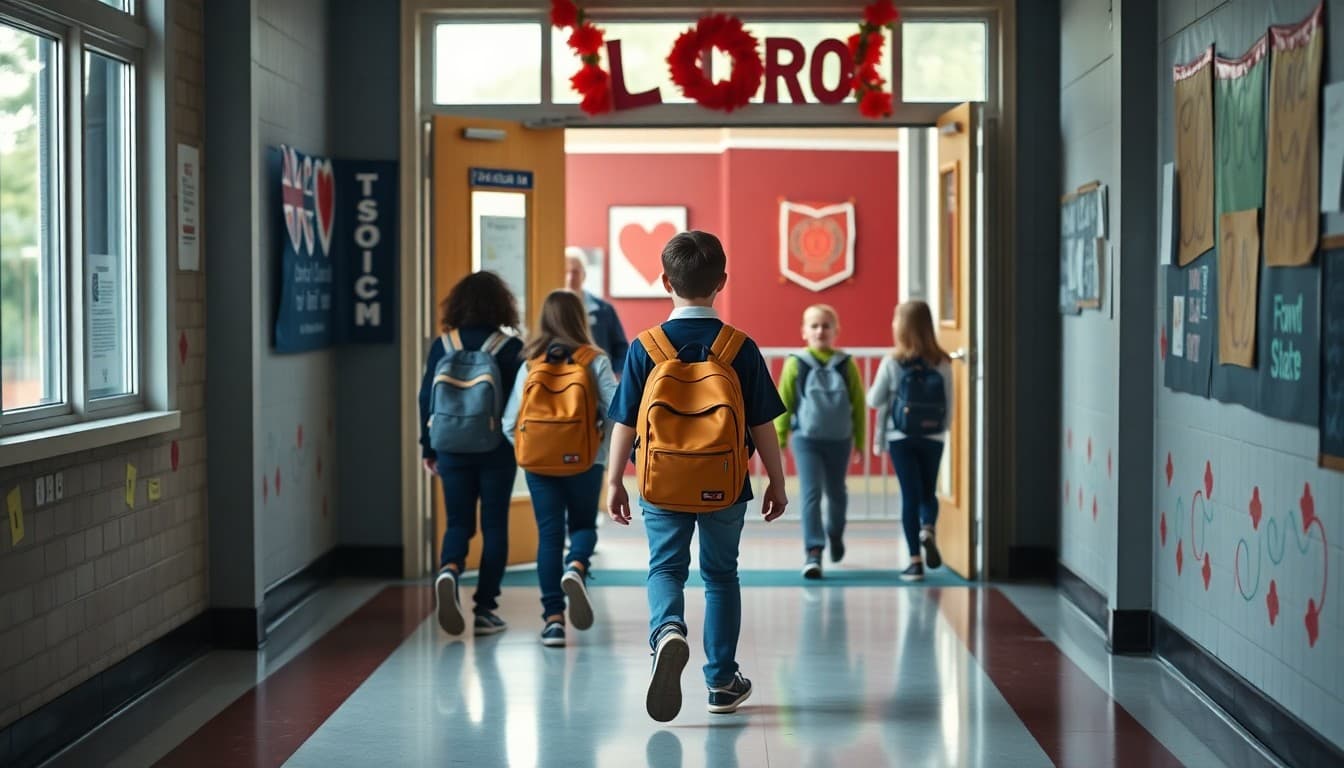 Students walking through decorated school entrance doors on the first day of school in the fall
