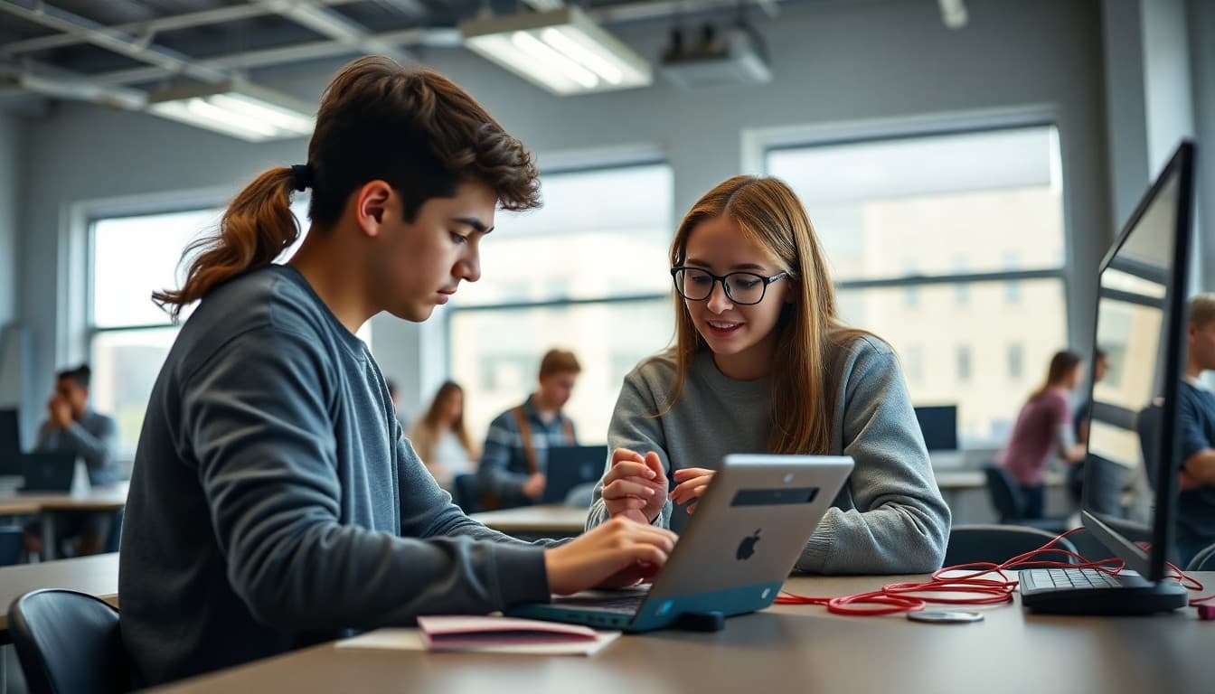 High school students working on a technology project in a modern classroom with innovation lab equipment