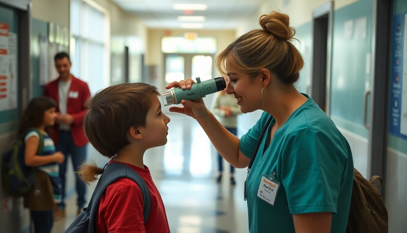 School nurse checking a student's vision at a health screening station in a school hallway