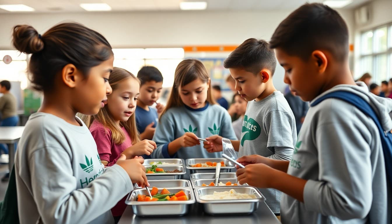 Students selecting healthy lunch options in a bright school cafeteria serving line