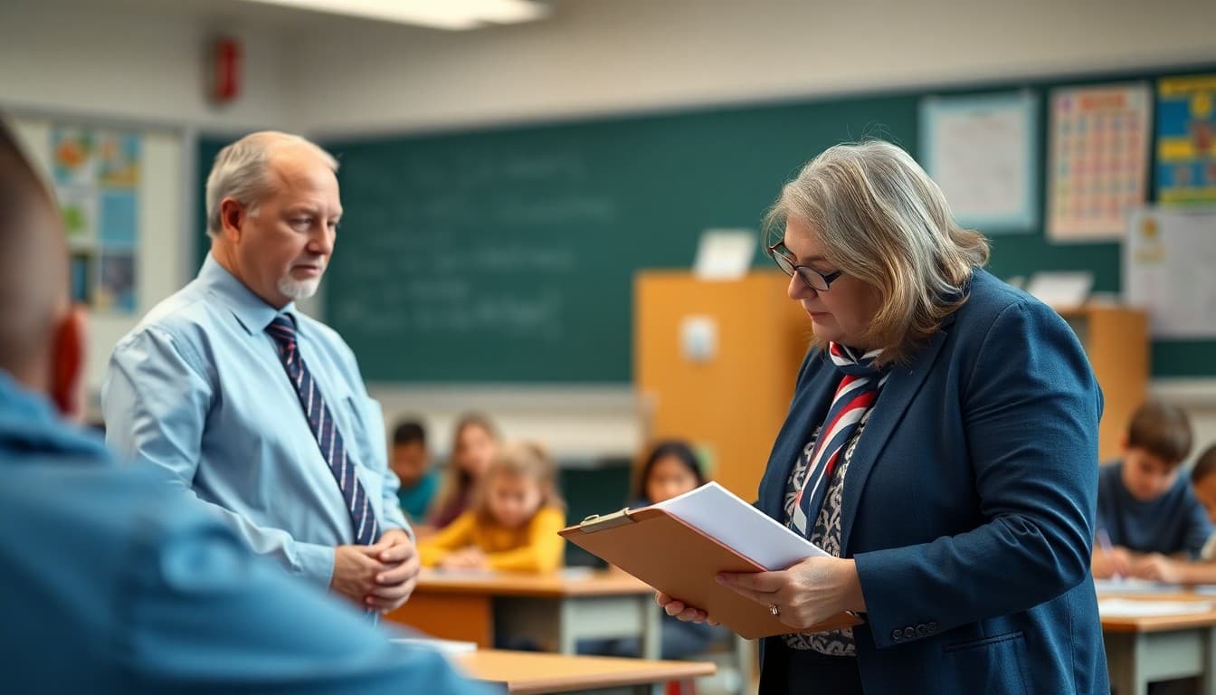 Superintendent observing a classroom lesson with the principal noting observations on a clipboard