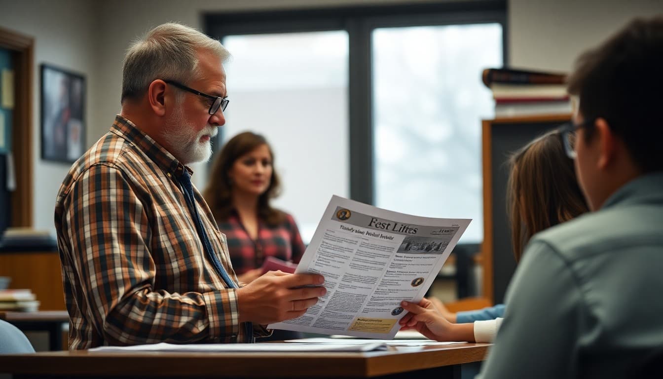 Tennessee school district superintendent reviewing monthly newsletter at a school office