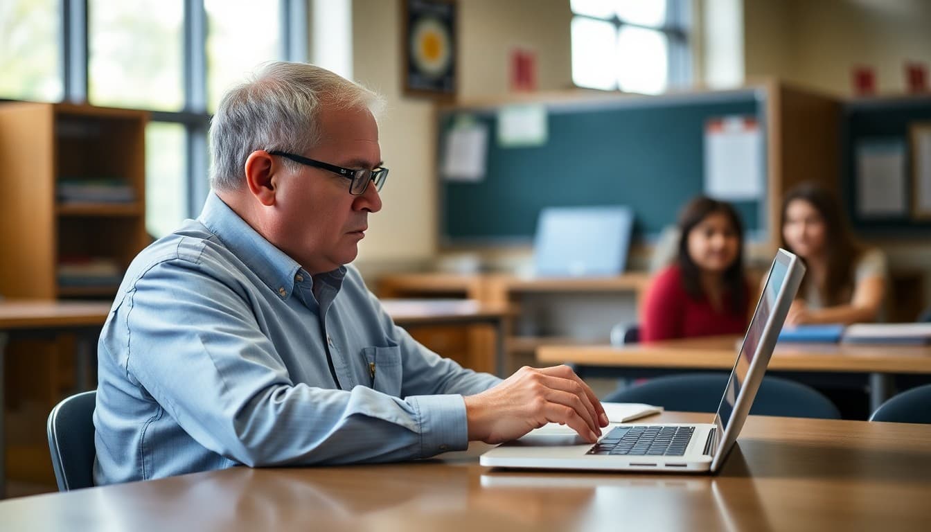 Texas school district superintendent reviewing district newsletter content on a laptop