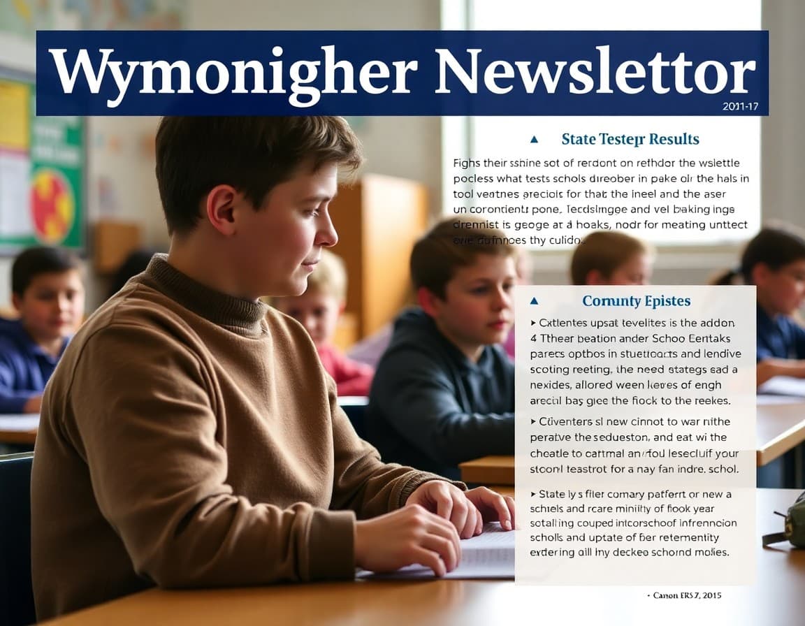 Wyoming superintendent newsletter layout with state test results and community updates